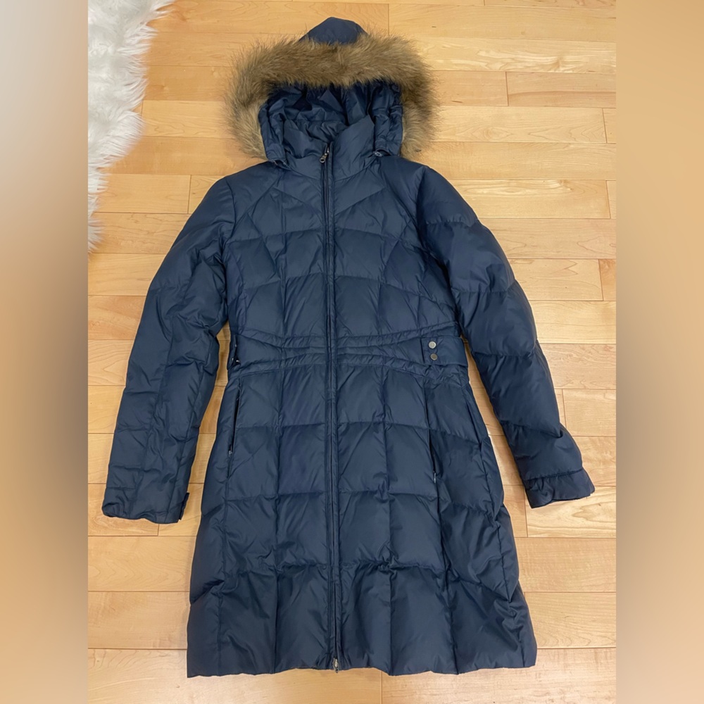 Larry Levine Navy Puffer Down Coat with Faux Fur Trim